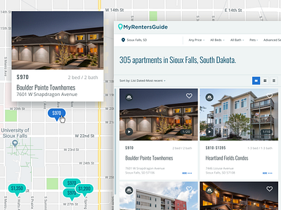 My Renters Guide - Search Results blue card cards filter filters google map green maps property property search real estate search search results ui ux design ux website