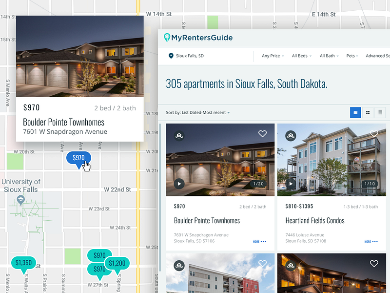My Renters Guide - Search Results blue card cards filter filters google map green maps property property search real estate search search results ui ux design ux website
