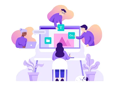 Team Collaboration branding canva character illustration collaboration computer design designer desk desktop diversity dog gender inclusive gradient graphic designer illustration laptop plant team vector work