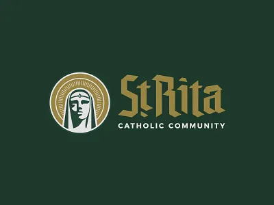 St. Rita Catholic Community Secondary blackletter branding catholic church crest face gold green halo logo woman