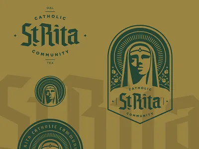 St. Rita Elements badge blackletter branding catholic church crest gold green logo logotype type