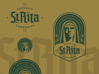 St. Rita Elements badge blackletter branding catholic church crest gold green logo logotype type