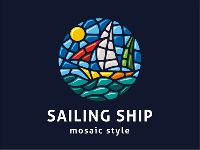 Mosaic logo template adventure boat ceramics circle drawing glass logo mosaic ocean round sailboat sailing sails sea ship smalt template travel water waves