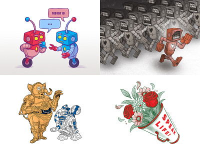 2018 cartoon character design design elephant flowers halftone illustration machine robot starwars street art vintage