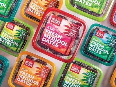Natural Delights® Medjool Dates Packaging agriculture branding desert digital illustration food fruit illustration packaging palm trees plastic produce snack tub wrap