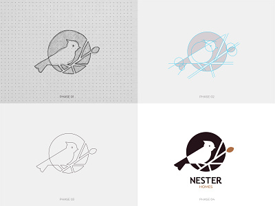 Nester Homes Logo Construction bird bird logo branding circle circle logo drawing grid home identity logo logo construction logo process property real estate sketch symbol