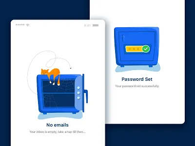 Illustrations - Email app blue cat conceptual design email email app empty state flock fly illustration mobile screens password safe safety locker success state ui vector
