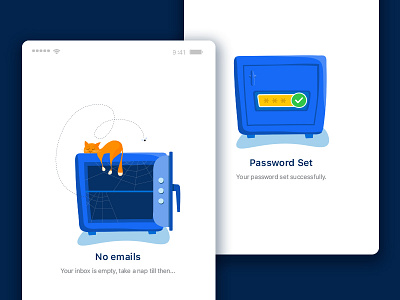Illustrations - Email app blue cat conceptual design email email app empty state flock fly illustration mobile screens password safe safety locker success state ui vector