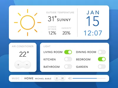 Daily UI - 021 Home Monitoring Dashboard air conditioner blue calendar dailyui dailyui 021 dashboard design graphic home illustration light monitor music settings simple temperature ui weather