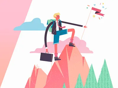 Business management briefcase business climb clouds flag grow lead man manage mountain trees