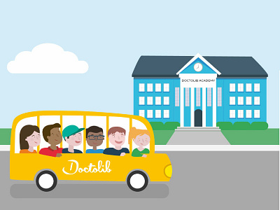 Doctolib Academy academy bus doctolib first day flat flat design illustration intergration new job newcomer school bus yellow bus