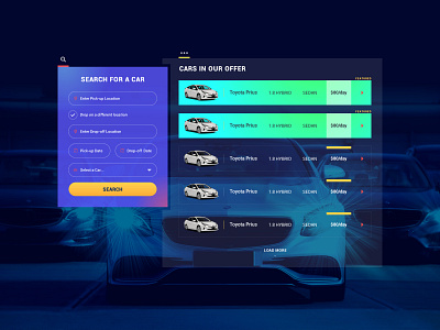 Rent a Car Search Widget adobe xd colorful design dashboard design search bar search engine simple design smooth uidesign ux design vibrant