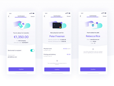 Confirmation screens iOS - Qonto app bank card creation flow illustration initiate interface inviation ios mobile progress bar qonto shipping transfer ui