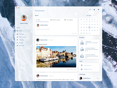 Community dashboard app calendar community dashboad design events friends incoming menu minimal minimal app place post profile recent social travel ui uidesign white