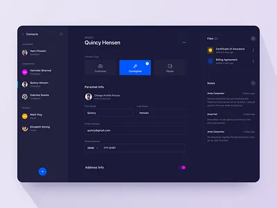 Contacts Page - Dark Mode app clean colours dark design interface ui ux web