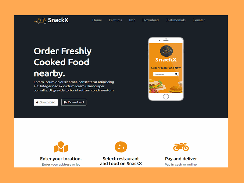 Snackx : Food Delivery App Landing Page adobe illustration adobe xd app landing page bootstrap 4 web design