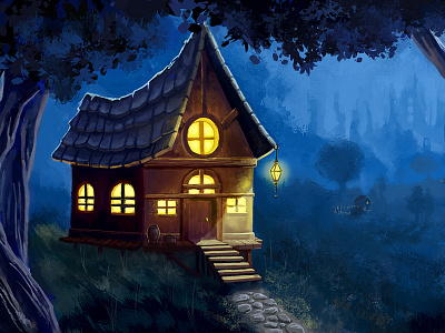 Cabin in the woods. cabin city concept art environment design fantasy night scene