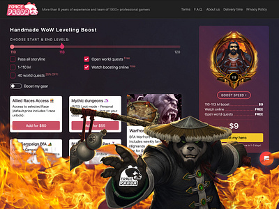 WoW leveling boost website Design, Production, Marketing landing quiz ui ux wow