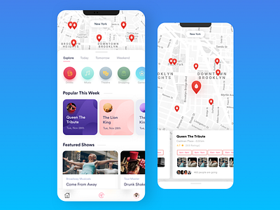 Explore Happenings artist candy drinks explore explore app gradient happenings iphone 10 shows theatre travel user experience design user interface uxui vibrant colors