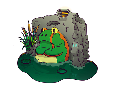 Chill Frog blue cartoon cattail dribbble fire frog gray green illustration illustrator lake lilypad logo orange photoshop rcpolski rock water white yellow