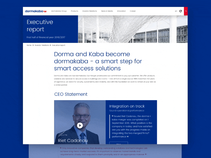 Pitch - Dormakaba Landing Page blue corporate executive report homepage homepage design landing page laniding page design report web