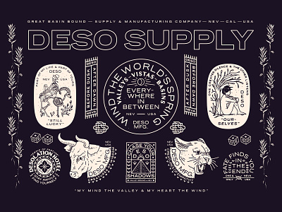 Deso Supply - Full Sheet branding brooklyn bull desolation fortune great basin identity illustration linework luck mountain mountain lion nevada new york city nyc reno skeleton spring wilderness world