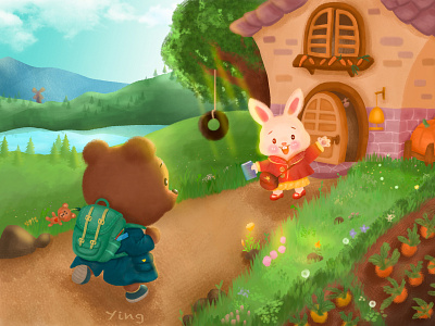 A bunny friend on school day! adorable bear bunny carrot children illustration cute design dribbble fairy tale flowers forest grass house illuatration lake mountain rabbit school trees vector