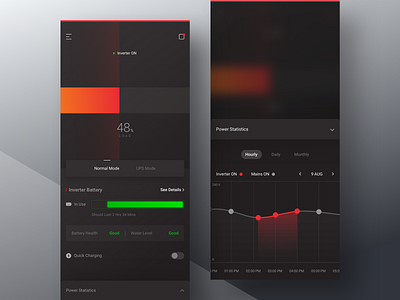 Inverter Monitoring App app battery clean daily dark dark ui gradient graph minimal monitor monitoring monthly percentage progress progress bar statistics