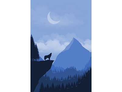 Wolf illustration landscape moon night photoshop vector wallpaper wolf