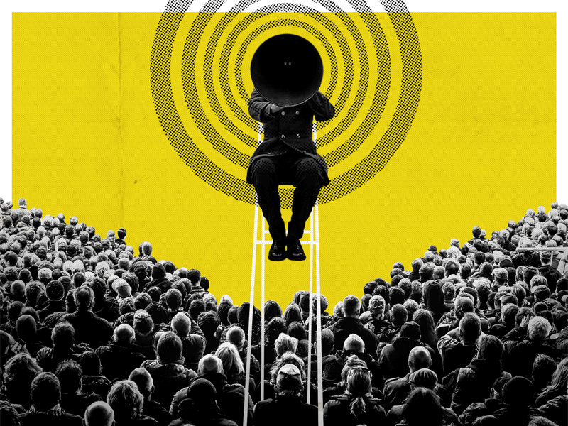 The communicational battle ROUND 4.1 2019 battle black white chair collage communication crowd cuba design dominiocuba illustration inspiration megaphone photocollage politics yellow