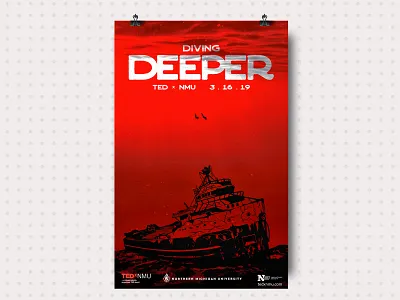 Lil more juice boat branding divers diving diving deeper edmund fitzgerald event illustration marquette michigan northern michigan university poster red ship sunk tedx tedxnmu water