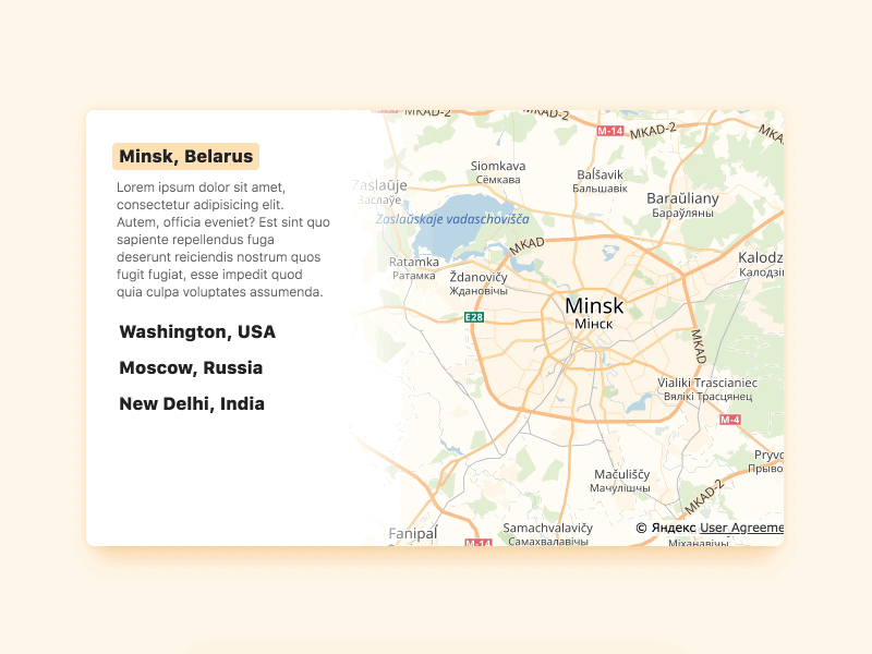 Map interaction prototype animation card code codepen design interactive javascript location map react reactjs ui