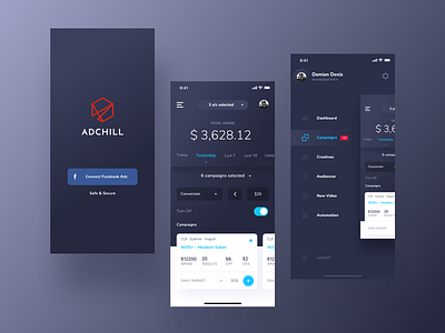 ADCHILL app adchill ads app blockchain blockchain cryptocurrency crypto cryptocurrency dark dark blue design interface menu minimal navigation ui