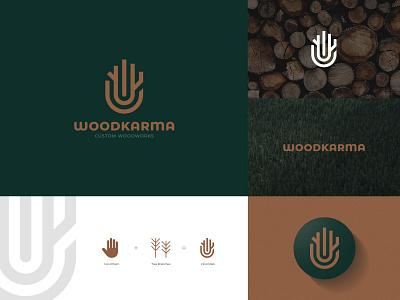 WoodKarma Identity artworks branches forest furniture green hand handwork identity karma karpentar logo minimal tree wood wood works wooden