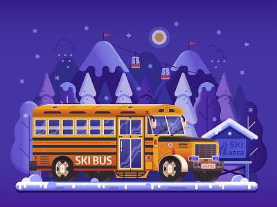 Mountain Ski Resort Shuttle Bus banner bus concept flat design gradient illustration landscape mountain resort service shuttle ski skibus travel winter