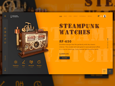 First Screen of the Steampunk Watch Store 2k19 adobephotoshopcc atizay inspiration concept digitaldesign exclusive expensive graphicdesign inspiration portfolio sale steampunk webdesign