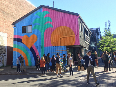 Mural painting in Montreal design flat geometric illo illustration love minimalism modular module montreal montréal mural paint painting palmtree rainbow street art sunset