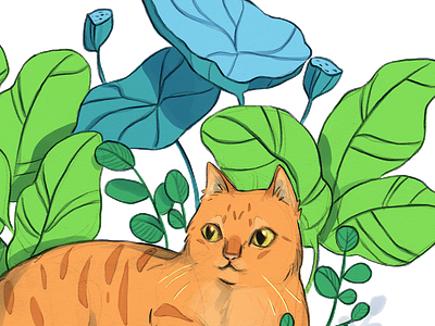 Hiding through the leaves cat cat drawing cat illustration digital drawing green illustration leaves nature resting tropical