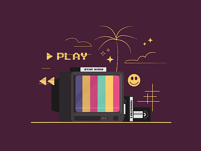 #034 80sstyle cinema colors dribble films flat hollywood illustration palm beach player rainbow retrostyle smile stars television tv vector vhs