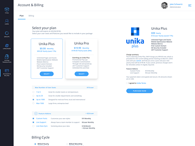 Unika Account Billing account account ui billing billing ui dashboard enterprise knowledge management payment ui pricing plans saas uidesign