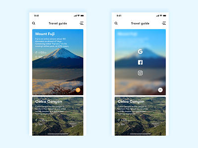 Share Button app blur button button states card cards close dailyui design guide interface landscaper mobile share travel ui ux