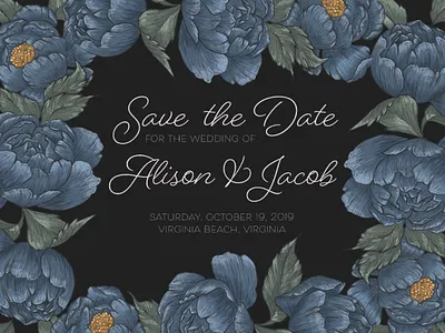 Digitally Illustrated Save the Date art blue design digital illustration drawing floral illustration navy peonies photoshop save the dates wedding invites