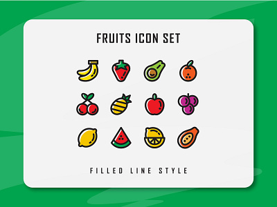 Fruits Icon Set branding design filled line filled outline flat fruit fruits icon icon a day icon artwork icon bundle icon pack icon set illustration logo ui ux vector web website