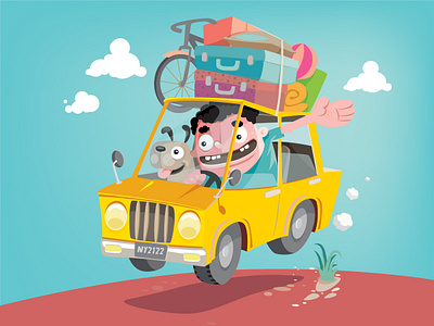 Roadtrip car cartoon dog funny illustration travel vector vector art