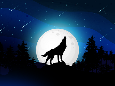 Lone Wolf blue colorful concept art design digital art dribbled flat illustration monocolor sky trees vector wolf