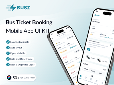 Busz - Bus Ticket Booking Mobile App UI KIT app booking booking app bookings bus bus ticket figma mobile mobile app mobile booking mobile ui kit mobile ui ux ticket booking tracking bus transportation ui ui kit uiux ux