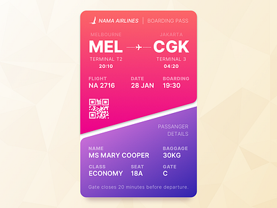 Daily UI - 024 Boarding Pass airlines boarding boarding pass dailyui design gradient graphic illustration pass plane plane ticket travel trendy ui