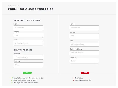 Do Don't UX - Form Subcategories adress button categories category contact delivry field field guide form form builder form design form elements form field formulaire keyword livraison payment subtitle user ux process