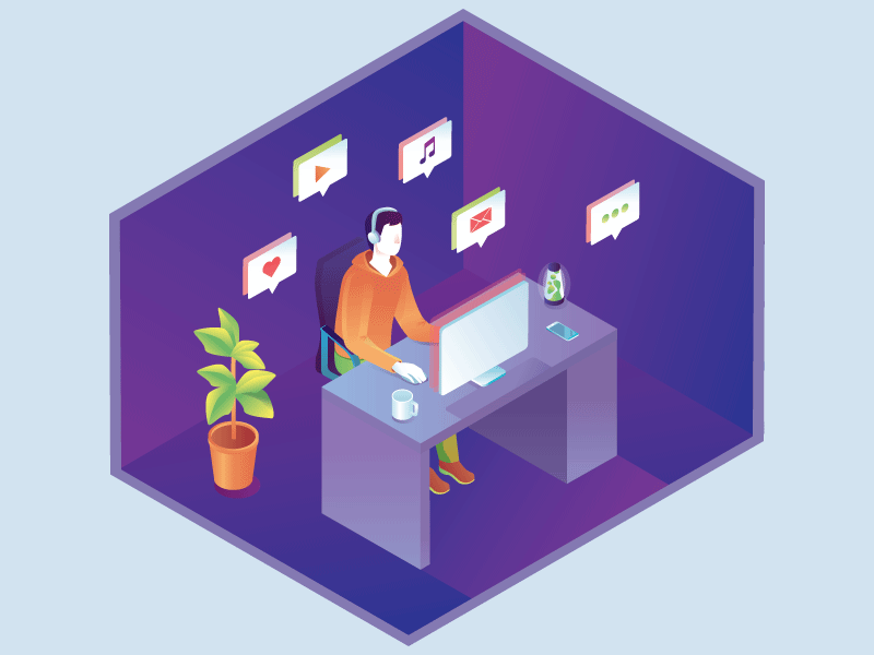 Worker bubble communication computer illustration isometry job man people work worker