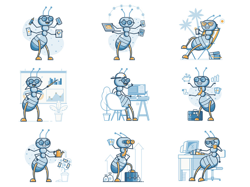 Ant Accountant Character accountant ant bug character flat design line art mascot quirky